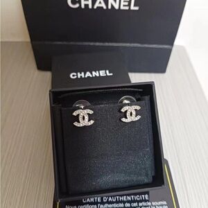 CHANEL Silver Crystal Logo Studs